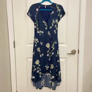 Free People Midi Navy Floral Dress with high/low hem